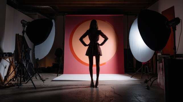 Photoshoot, photographer and model on set, fashion and pictures for magazine in studio and production. Backstage, creative and tech for project in media agency, camera and equipment for photography