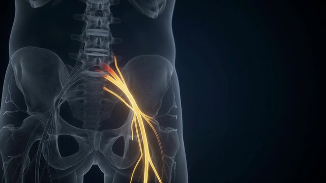 Sciatic Nerve Pain Animation - Human Skeleton Pelvis and Lumbar Spine with Inflamed Nerve - Medical 3D Rendering Footage