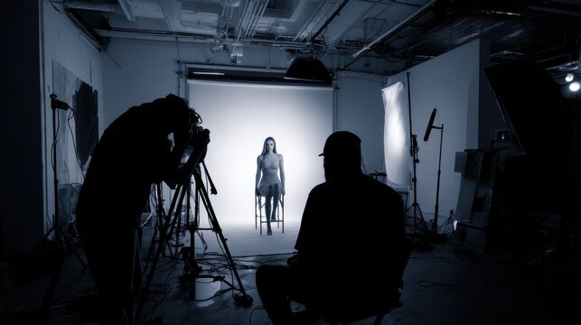 Photoshoot, photographer and model on set, fashion and pictures for magazine in studio and production. Backstage, creative and tech for project in media agency, camera and equipment for photography