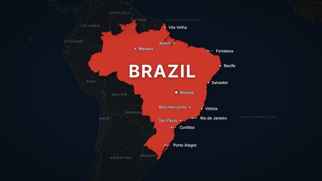 Brazil dark map zoom with red highlight and city labels