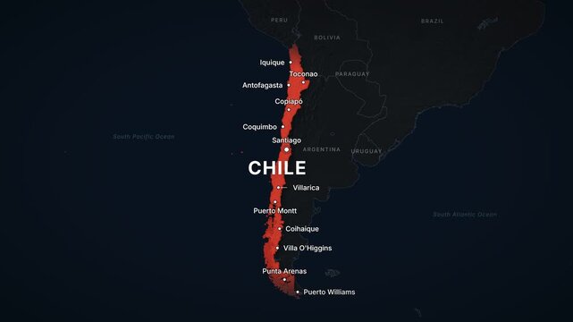 Chile dark map zoom with red highlight and city labels