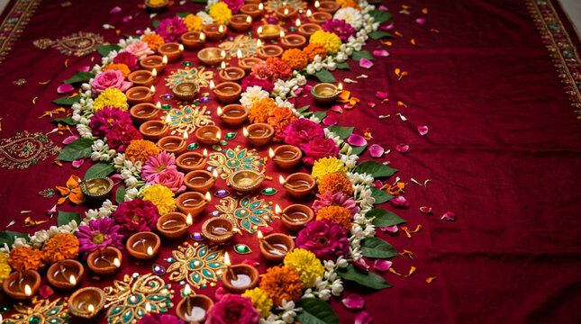 Diwali Celebration: Diyas and Flowers Arranged on Red Fabric