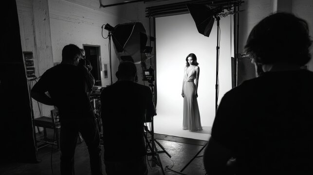 Photoshoot, photographer and model on set, fashion and pictures for magazine in studio and production. Backstage, creative and tech for project in media agency, camera and equipment for photography