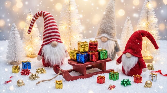 Cute Christmas gnomes with a miniature red sled full of colorful gift boxes on white snow against a festive backdrop of glowing pine trees and warm bokeh lights