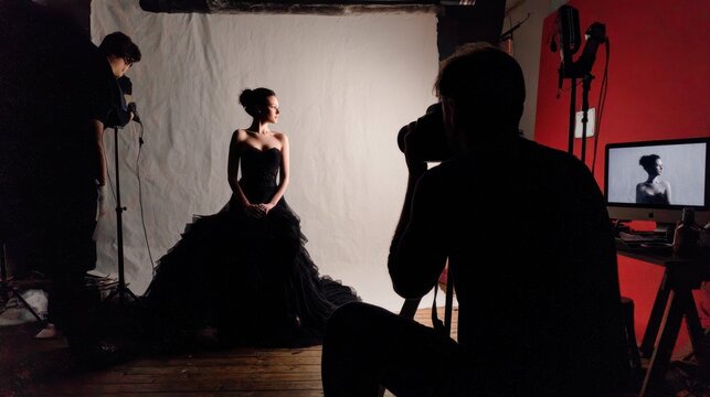 Photoshoot, photographer and model on set, fashion and pictures for magazine in studio and production. Backstage, creative and tech for project in media agency, camera and equipment for photography