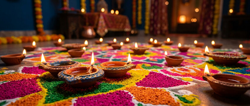 Diwali Celebration: Diyas Lit on Colorful Rangoli Floor, Festive Lights Background