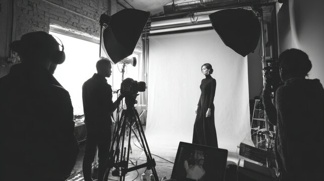 Photoshoot, photographer and model on set, fashion and pictures for magazine in studio and production. Backstage, creative and tech for project in media agency, camera and equipment for photography