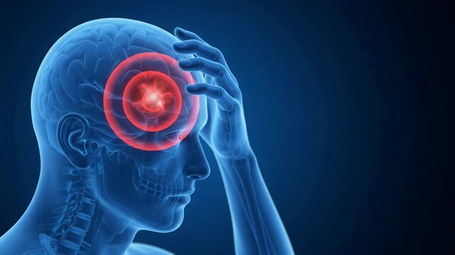 Human Brain Headache Animation - Glowing Red Pain Points and Pulsing Circles on Blue Anatomical Model - 3D Rendering Scientific Visualization