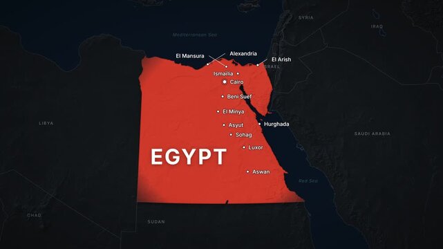 Egypt dark map zoom with red highlight and city labels