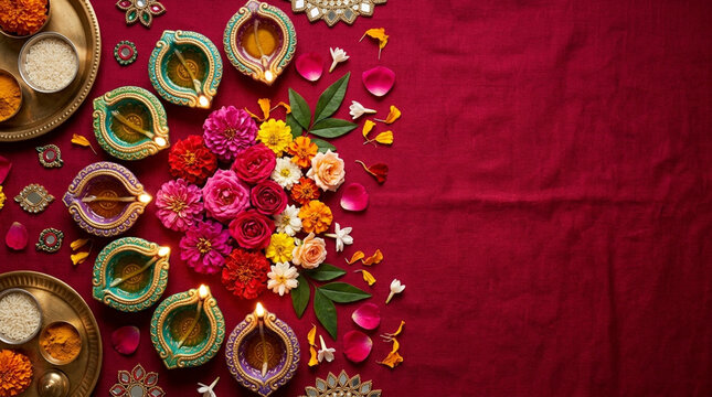 Diwali Celebration: Diyas, Flowers, and Offerings on Red Fabric Background