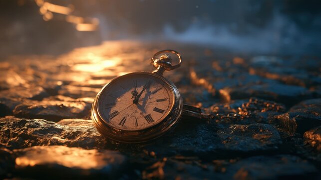 Antique pocket watch laying on textured stone ground with warm sunlight creating dramatic shadow and vintage atmospheric scene