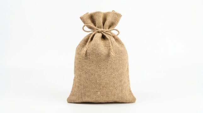 Empty burlap sack tied with a string isolated on white background