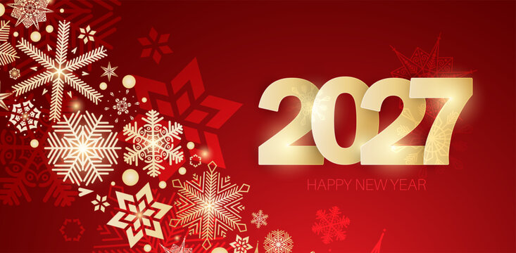 2027 Happy New Year background with golden snowflakes.