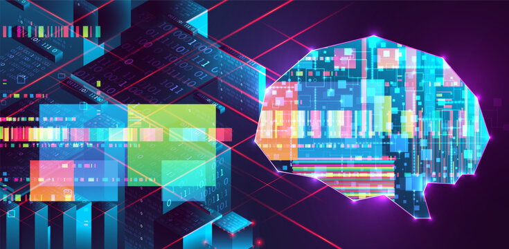 Futuristic AI brain and data center isometric.