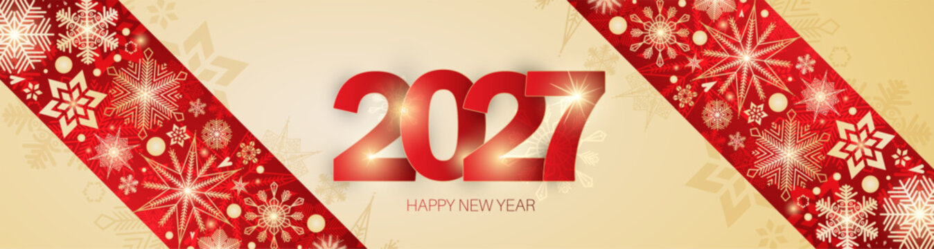 2027 Happy New Year background with golden snowflakes.