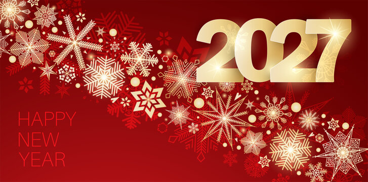 2027 Happy New Year background with golden snowflakes.