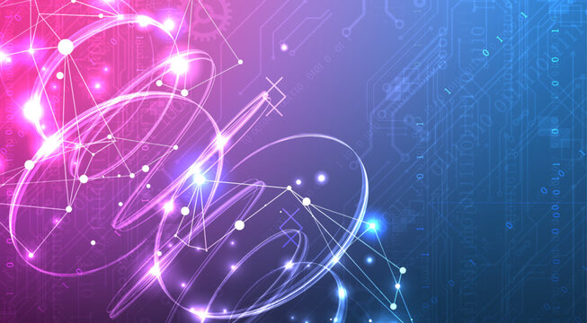 Abstract futuristic technology background with glowing neon spiral, data network and binary code. Vector