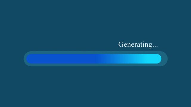 Motion graphic of blue gradient progress bar with generating text on dark blue background, depicting AI content creation and data generation process.
