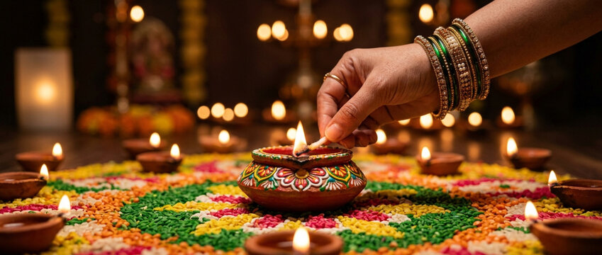 Diwali celebration: Hand lighting clay diya lamp on colorful rangoli with many burning lights