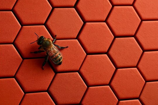 Honeybee on Orange Hexagonal Honeycomb Background