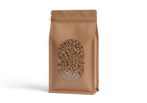 Brown coffee bean bag with transparent window showing beans inside