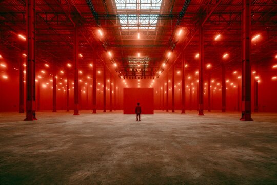 Red Industrial Warehouse Interior with Lone Person