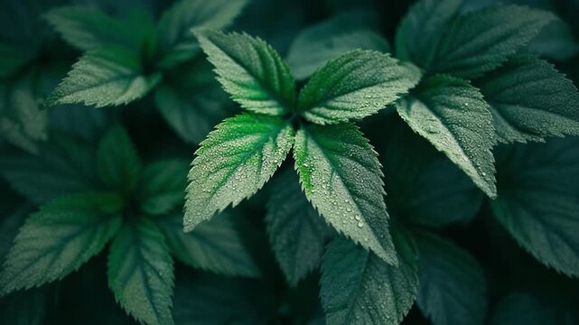 Lush green mint leaves in a repeating pattern with soft natural lighting for a serene atmosphere