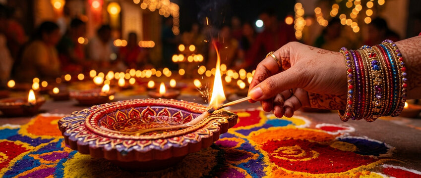 Diwali celebration: Hand lighting diya lamp on colorful rangoli with bokeh lights