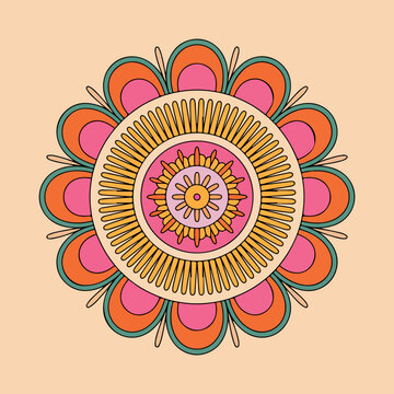 Retro 70s Floral Mandala Vector Illustration in Vintage Colors. Vintage Groovy Flower Mandala Pattern Design Element. Boho Retro Flower Emblem with Pink, Orange, and Green Petals. 