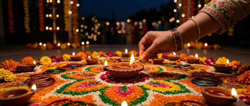 Diwali Celebration: Hand Lighting Clay Diya on Colorful Rangoli with Flowers and Lights