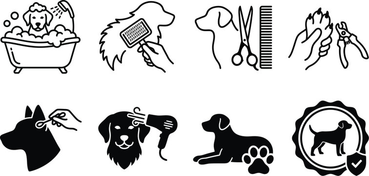 Dog grooming silhouettes depict bathing brushing clipping and drying processes