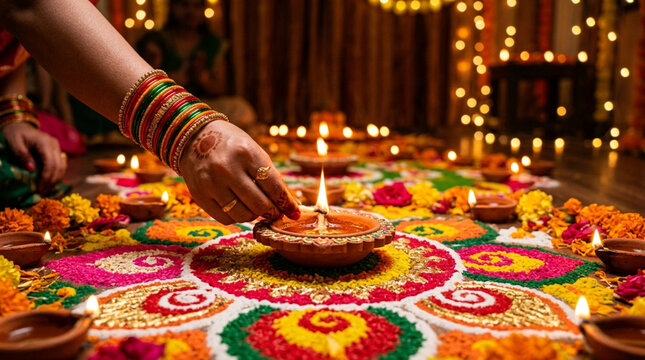 Diwali Celebration: Hand lighting diya on colorful rangoli with bokeh lights
