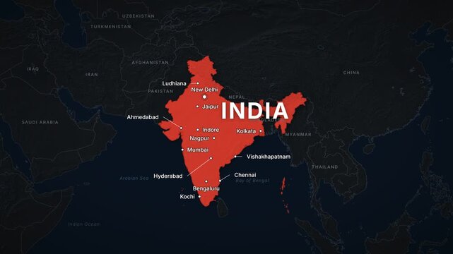 India dark map zoom with red highlight and city labels