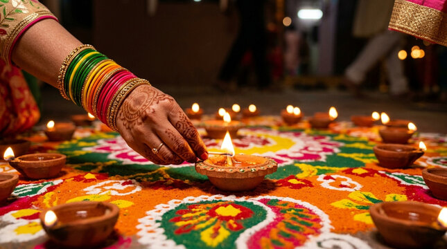 Diwali Celebration: Hand lighting diya on colorful rangoli with intricate patterns and glowing lamps