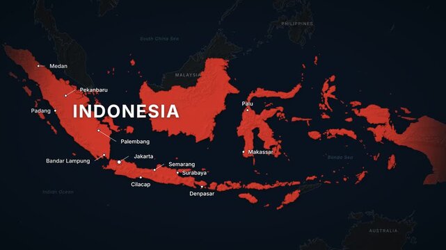 Indonesia dark map zoom with red highlight and city labels