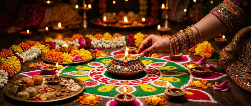 Diwali Celebration: Hand lighting diya on vibrant Rangoli with flowers and sweets