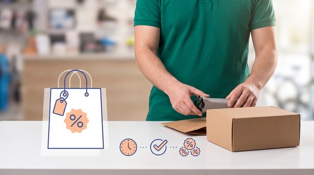 Boxing Day Sales clerk packing a cardboard box for shipping in a retail store with discount icons