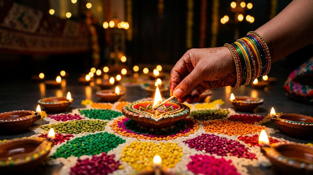 Diwali celebration: Hand lighting diyas on colorful rangoli, festive lights background