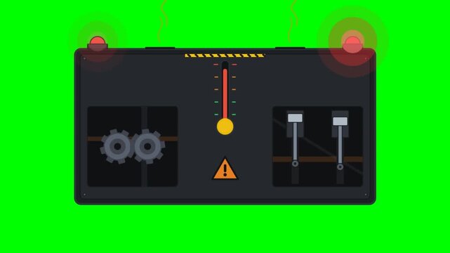 Animated industrial control panel with moving gears pistons and rising temperature gauge on green screen