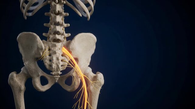 Sciatic Nerve Pain Illustration - Human Skeleton with Glowing Inflamed Sacral Plexus - 3D Medical Animation 4K Footage