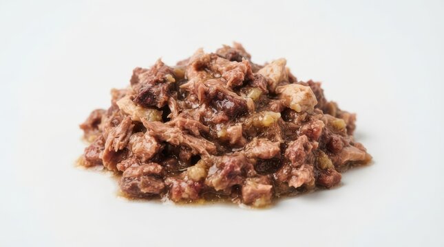 Wet cat food chunks in gravy isolated on white background