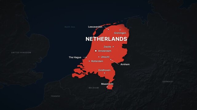 Netherlands dark map zoom with red highlight and city labels