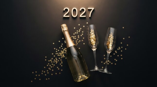 Happy New Year Champagne bottle and two glasses with golden star confetti on black background for New Year 2027 celebration 2027