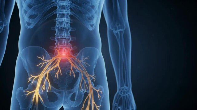 Sciatica Nerve Pain Visualization - Glowing Lumbar Spine and Sacral Nerves on Human Skeleton - 3D Medical Animation 4K Video