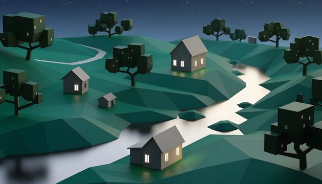 Low poly stylized landscape with houses and a flowing river at night digital art stylized