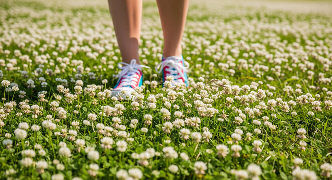 Person wearing colorful sneakers standing in a lush field of white clover flowers
