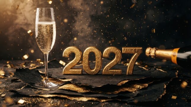Happy New Year Elegant 2027 new year composition with champagne flute and golden metallic typography on dark textured surface 2027