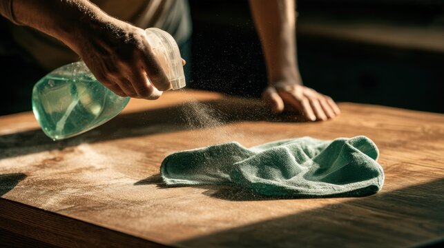 Person spraying cleaning solution on wooden table with cloth for dust removal and surface cleaning in natural light