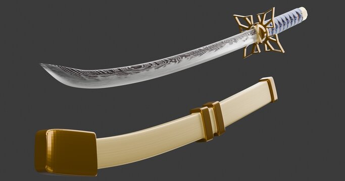 Realistic 3d rendered katana sword with gold tsuka grip and ornate