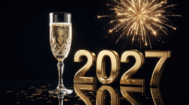 Happy New Year Crystal flute of champagne with golden 2027 numbers and vibrant firework explosion for New Year 2027 eve 2027